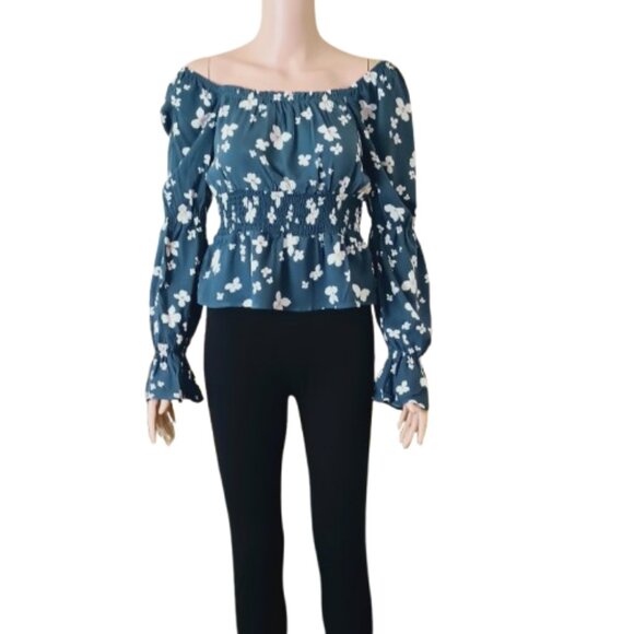 Blue Floral Smocked Ruffle Top M Puffed Sleeves Off Shoulder Blouson Blouse - Picture 7 of 13